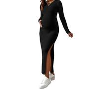 Havejoy Abbigliamento Maternity Vestito di Maglia Lungo a Costine con Spacco Abito Cerimonia Premaman Manica Lunga Vestito maternità Invernale Abiti Aderenti Lunghi Vestitino Stretto Moda Streetwear