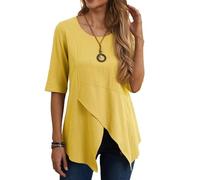 Havejoy Blusa Estiva Donna Manica Tre Quarti Elegante Camicette Lino Curvy Tunica Incrociata Davanti Maglia Taglio Irregolare T Shirt Asimmetrica Pullover Mezze Maniche Casual Camicia Top Tinta Unita