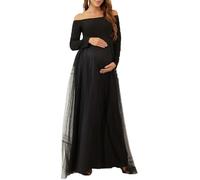 Havejoy Maxi Vestito Donna Cerimonia Premaman Invernale Maniche Lunghe Abiti Lunghi Stile Impero in Rete Swing Vestiti Spalle Scoperte Abito per Servizio Fotografico Gravidanza Abbigliamento Maternità