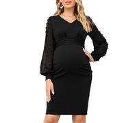 Havejoy Vestiti Premaman Eleganti da Cerimonia Abito da Sera Corto Donna Elegante Invernale Curvy Vestito Maternity Photography Nero Mini Abiti Aderenti Scollo a V Maniche a Palloncino Bodycon Dress