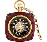 HAvern Orologio da taschino meccanico vintage Chic No Cover Square Bamboo Orologio da taschino meccanico automatico Digitale Quadrante nero Collana con ciondolo in lega Regalo migliore pe