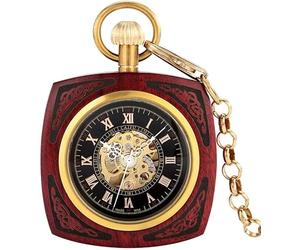 HAvern Orologio da taschino meccanico vintage Chic No Cover Square Bamboo Orologio da taschino meccanico automatico Digitale Quadrante nero Collana con ciondolo in lega Regalo migliore pe