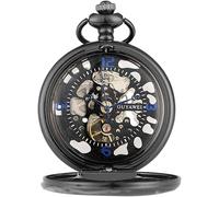HAvern Orologio da taschino meccanico vintage con orologio da taschino a catena Coperchio liscio nero/argento/oro Design con numeri arabi blu Orologio da taschino meccanico a carica manua