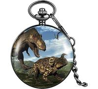 HAvern Orologio da taschino meccanico vintage Orologio da taschino al quarzo con vibrazione Due dinosauri Uomo Quadrante digitale bianco classico Ragazza Catena spessa Pratico pendente pe