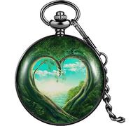 HAvern Orologio da taschino meccanico vintage Orologio da taschino Collana con ciondolo Uomo Donna Squisito a forma di cuore Foresta verde Quadrante grande bianco Copertura in lega nera C
