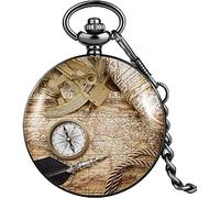 HAvern Orologio da taschino meccanico vintage Orologio da taschino Nostalgia Bussola antica Modello Mappa Numeri arabi Quadrante Nostalgia Coperchio liscio Orologio da collana unisex a ca