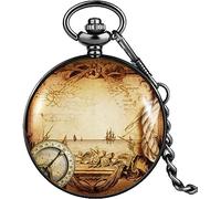 HAvern Orologio da taschino meccanico vintage Orologio da taschino Nostalgia Bussola antica Modello Mappa Numeri arabi Quadrante Nostalgia Coperchio liscio Orologio da collana unisex a ca