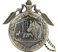 HAvern Orologio da taschino meccanico vintage Scultura 3D retrò Lupo selvatico Orologio da taschino al quarzo in bronzo con pendente a catena Fantastico orologio con collana di lupi anima