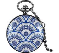 HAvern Orologio da taschino meccanico vintage Squisito orologio da taschino in porcellana blu e bianca Copertura in lega Quadrante numerico Catena pendente portatile Accessori moda (2)