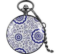 HAvern Orologio da taschino meccanico vintage Squisito orologio da taschino in porcellana blu e bianca Copertura in lega Quadrante numerico Catena pendente portatile Accessori moda (1)