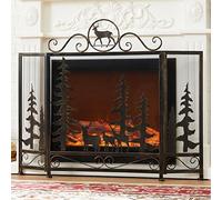 HAVVMK Parascintille per Camino in Bronzo Anticato, Design a Forma di Alce e Albero, parascintille Pieghevole a 3 Pannelli per fuochi da Campo/Cottura a Legna, Larghezza 111 cm