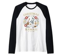 Hawaii Camicia di Natale Ukulele Tartaruga Fiore Albero Natale Maglia con Maniche Raglan