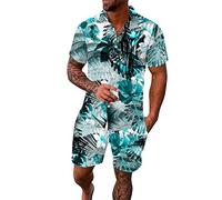 Hawaii, tuta da jogging da uomo, in cotone, camicia hawaiana e pantaloncini, set da 2 pezzi, motivo floreale, button-up, risvolto, spiaggia, vacanze, sport, abbigliamento sportivo, A-azzurro cielo., M