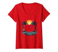 Hawaiian Aloha Spirit Tropical Paradise per Gli Uomini Maglietta con Collo a V, Donna, Rosso, S