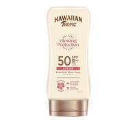 Lozione Solare Protettiva Illuminante di Hawaiian Tropic, Crema Solare SPF 50 resistente all'acqua con protezione UVA e UVB, Lozione Solare dal Profumo Tropicale con Burro di Karité, 180 ml