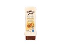 Lozione Solare Protettiva Illuminante di Hawaiian Tropic, Crema Solare SPF 50 resistente all'acqua con protezione UVA e UVB, Lozione Solare dal Profumo Tropicale con Burro di Karité, 180 ml