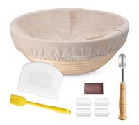 HaWare Cestino da lievitazione, 25 cm, rotondo, per pane con fodera, coltello da panetteria, raschietto per pasta e pennello da forno, cestino per il pane per la casa e i professionisti, sano e non