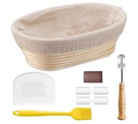 HaWare Cestino per la lievitazione, 25 cm, ovale, set con fodera, coltello da panetteria, raschietto per pasta e pennello da forno, cestino per il pane per la casa e i professionisti, sano e non