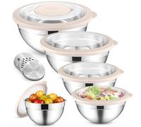 HaWare Set di 5 ciotole per insalata, in acciaio inox, con coperchi trasparenti ermetici e 3 grattugie, per cucinare, 4,5 l, 2,8 l, 1,5 l, 1,2 l, 0,7 l, lavabile in lavastoviglie, colore cachi