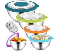 HaWare Set di 5 ciotole per insalata, in acciaio inox, con coperchio trasparente ermetico e 3 grattugie, per cucinare, 4,5 l, 2,8 l, 1,5 l, 1,2 l, 0,7 l, lavabile in lavastoviglie, multicolore