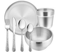 HaWare Set di stoviglie per bambini, 7 pezzi, in acciaio inox, a partire dai 3 anni, posate martellate con forchetta/coltello/cucchiaio/piatto/ciotola/tazza, atossici e sani, lavabili in lavastoviglie