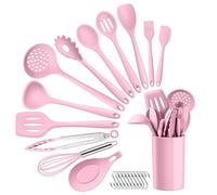 HaWare Set di utensili da cucina rosa, 13 pezzi in silicone con supporto, utensili da cucina inclusi spatola cucchiaio, pentole antiaderenti e resistenti al calore, lavabili in lavastoviglie