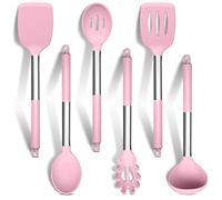 HaWare Set di utensili da cucina rosa, 6 utensili da cucina in silicone con manico in acciaio inossidabile, resistenti al calore, per pentole antiaderenti, mestolo, cucchiaio, pasta, lavabili in