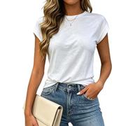 HAWILAND Maglietta da donna con scollo rotondo, a maniche corte, casual, basic, estiva, con arricciatura, per lavoro, casual, vacanze, bianco, L