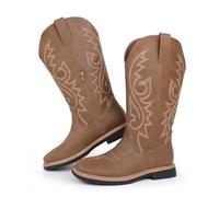 Hawkwell Stivali da cowboy da donna con punta quadrata, chiusura lampo laterale ricamata, tacco basso, marrone, 40 EU