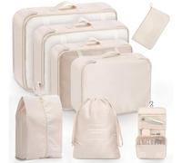 Organizer Valigia 8 Pezzi Set, 8 in 1 Organizer da Viaggio, Organizer Valigia Salvaspazio, Sistema di Cubo di Viaggio per vestiti, scarpe, cosmetici (Beige)