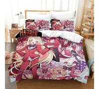 Hazbin Hotel Copripiumino Set Copripiumino 3 Pezzi 3D Stampa Digitale Vaggie Angel Dust Alastor Microfibra Morbido Set Di Biancheria Da Letto E Federe Con Cerniera Per Bambini Single（140x200cm）