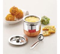 HAZEL Pentola per burro chiarificato con fondo in rame con coperchio e cucchiaio, barattolo da 300 ml in acciaio inox per olio da cucina, contenitore multiuso in acciaio inox per Masala e sottaceti