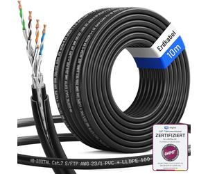HB-DIGITAL 10 m CAT 7 Cavo di rete per esterni per posa diretta a terra - Certificato GHMT - S/FTP AWG23 rame puro doppio mantello PVC + LLDPE PoE 10 Gbit/s cavo Ethernet per esterni - Nero