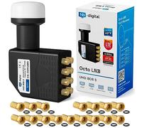 hb-digital Octo LNB - test MOLTO BUONO* - per 8 utenti, filtro LTE, 8 uscite, Full HD 4K, 0,1 dB, con protezione dalle intemperie + 16 connettori F per ricevitore SAT, parabola satellitare - Nero
