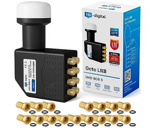 hb-digital Octo LNB - test MOLTO BUONO* - per 8 utenti, filtro LTE, 8 uscite, Full HD 4K, 0,1 dB, con protezione dalle intemperie + 16 connettori F per ricevitore SAT, parabola satellitare - Nero