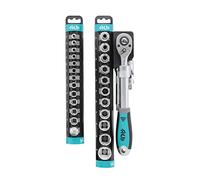 HB Set di Bussole 27 Pezzi con Cricchetto Telescopico 72 Denti 1/4" & 1/2", Manico Estensibile 440mm, Acciaio CR-V, 2 Racks Portatili, Alta Qualità Made in Taiwan AKM005-G