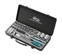 HB Set di Bussole 42 Pezzi con Cricchetto Snodato 90 Denti 1/2" Testa Girevole 270°, Custodia in Metallo con Inserto EVA, Acciaio CR-V, Alta Qualità Prodotto a Taiwan AKM014-G