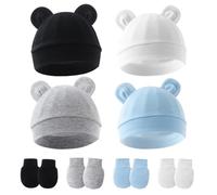 Hbbgdiy 4 Set di Cappelli per Bambini e Guanti Morbidi di Cotone Neonato Essenziali per Ragazzi e Ragazze, Cappelli per Neonati 0-3 Mesi con Guanti per Ospedale, Baby Shower Abbigliamento Quotidiano