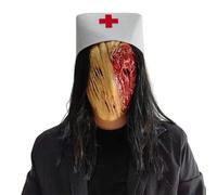 Hbbgdiy Maschera Spaventosa da Infermiera, Maschera realistica in Lattice per Halloween con Capelli Lunghi e Cappello, Decorazioni Horror per Halloween, Cosplay, Feste in