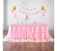 HBBMAGIC gonna da tavolo in tulle rosa baby con luce, 427 cm, con volant, tutu lavabile per matrimonio, festa, compleanno, baby shower, torta, dessert, battesimo.