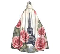 HBDVHZ Mantello con cappuccio per adulti, con stampa di rose e torre Eiffel, mantello per carnevale, costume in maschera, unisex