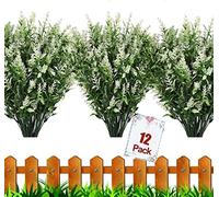 HBell 12 confezioni di fiori artificiali per esterni, resistenti ai raggi UV, finto bosso, in plastica sintetica per interni ed esterni, piante da appendere, giardino, fattoria, decorazione (bianco)
