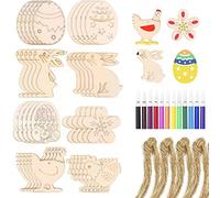 HBell 40 decorazioni pasquali in legno, decorazioni non finite da appendere, kit per bambini (coniglio e uovo)