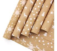 HBell 5 rotoli di carta da regalo natalizia, 44 cm x 3 m, marrone Kraft, fiocco di neve, alce e albero di Natale per Natale, feste, decorazioni natalizie