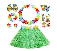 HBell Set di 8 pezzi con gonna hawaiana da 40 cm, gonna hawaiana in erba, occhiali da ananas per bambini, decorazioni estive per feste tropicali in spiaggia (verde)