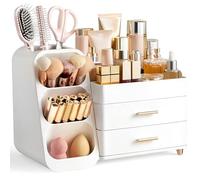 hblife Organizer Trucchi, Porta Trucchi Organizer con Cassetti, Porta Pennelli Make Up, Scatola Cosmetica di Plastica 3-in-1, Scatola di Stoccaggio di Trucco Bianco