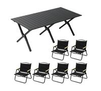 HBOOMOEM Set Di Mobili Da Campeggio In Alluminio，Tavolino Pieghevole Da Esterno & Sgabelli Portatili，Adatto Per Viaggi All'Aperto, Spiaggia, Cortile, Feste E Picnic.(Black,150CM+6 chairs)