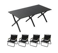 HBOOMOEM Set Di Mobili Da Campeggio In Alluminio，Tavolino Pieghevole Da Esterno & Sgabelli Portatili，Adatto Per Viaggi All'Aperto, Spiaggia, Cortile, Feste E Picnic.(Black,150CM+4 chairs)