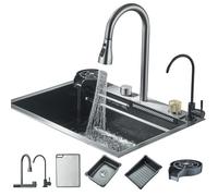 Hbronzeshower Lavello da cucina in acciaio inox con miscelatore estraibile, lavello da incasso (60 x 45 cm) con lavatrice per tazze, multifunzione, lavello a cascata (grigio argento)