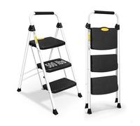 HBTower Scala 3 Gradini Pieghevole, Scala Compatta con Manico in Gomma, Design Antiscivolo, Realizzata in Acciaio Legato di Alta Qualità, Capacità di Carico Fino a 150kg, Per Casa e Ufficio